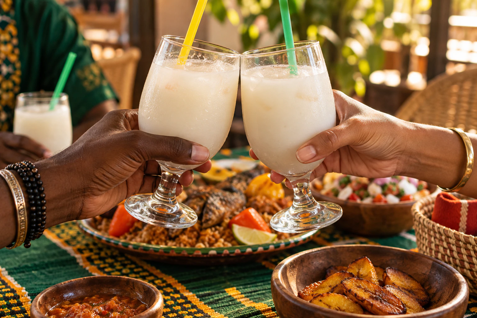 Brindis con bebidas tradicionales africanas alrededor de la mesa