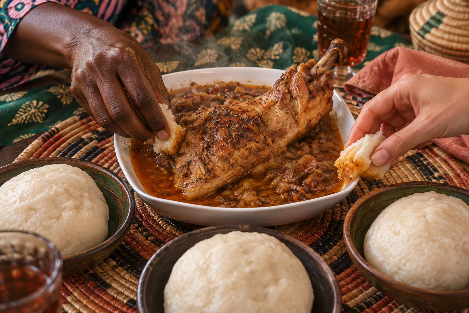 Fufu y guiso senegalés en una mesa compartida