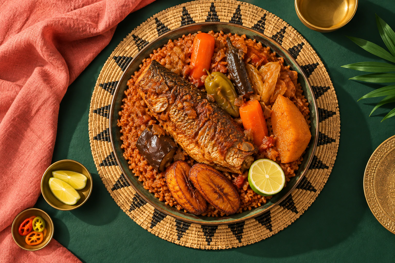Thieboudienne con pescado y verduras visto desde arriba
