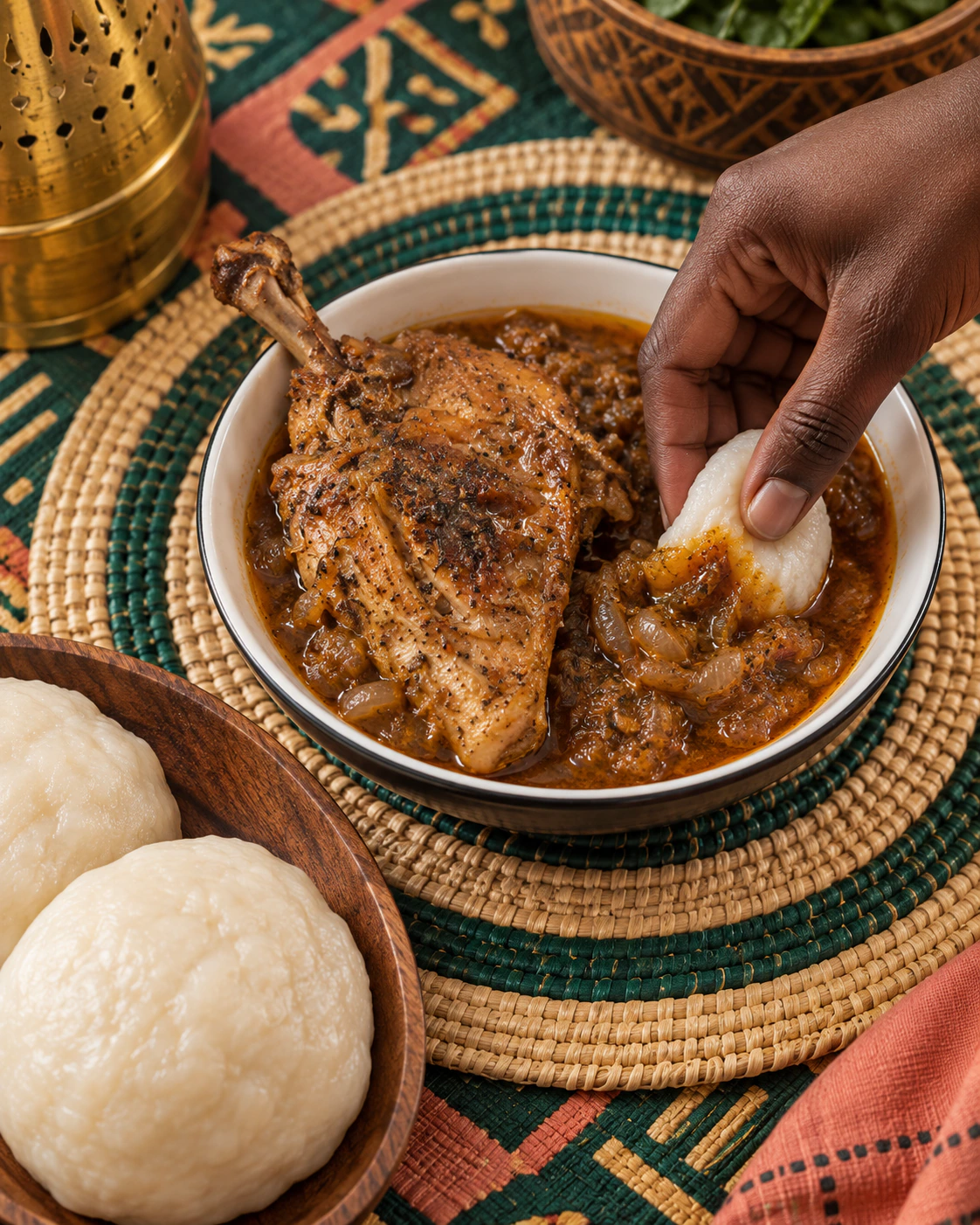 Gesto de probar fufu con guiso senegalés