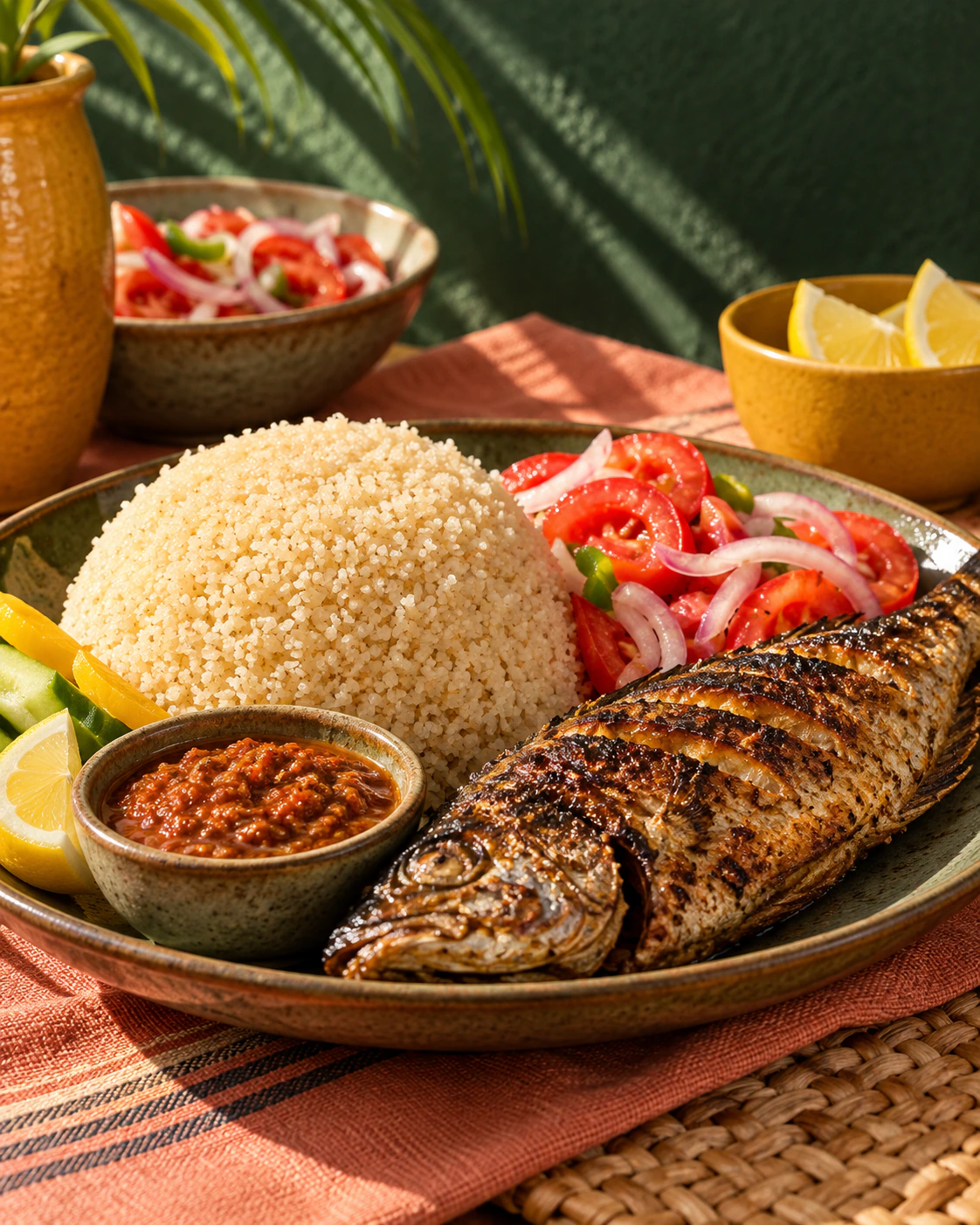 Athiéké con pescado, ensalada y salsa